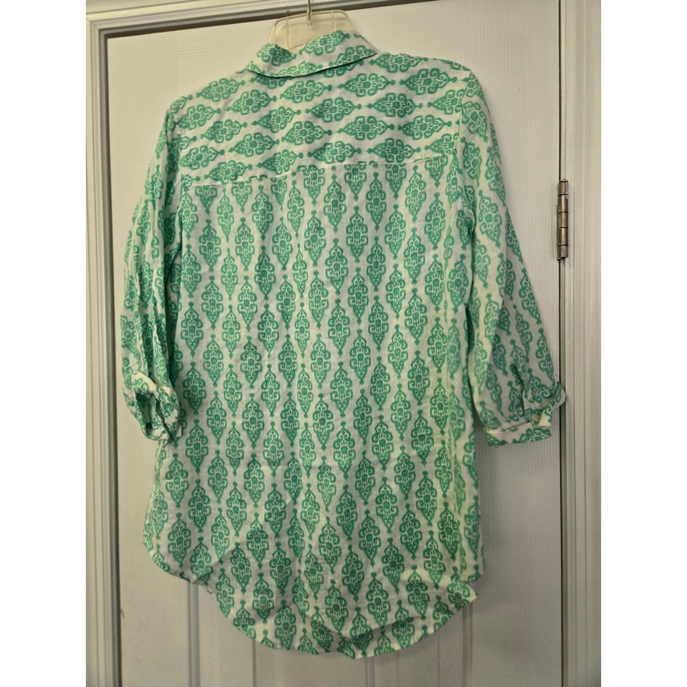 Chicos Green White Ikat Linen Button Down Roll Tab Sleeve Tunic Blouse 0 M
